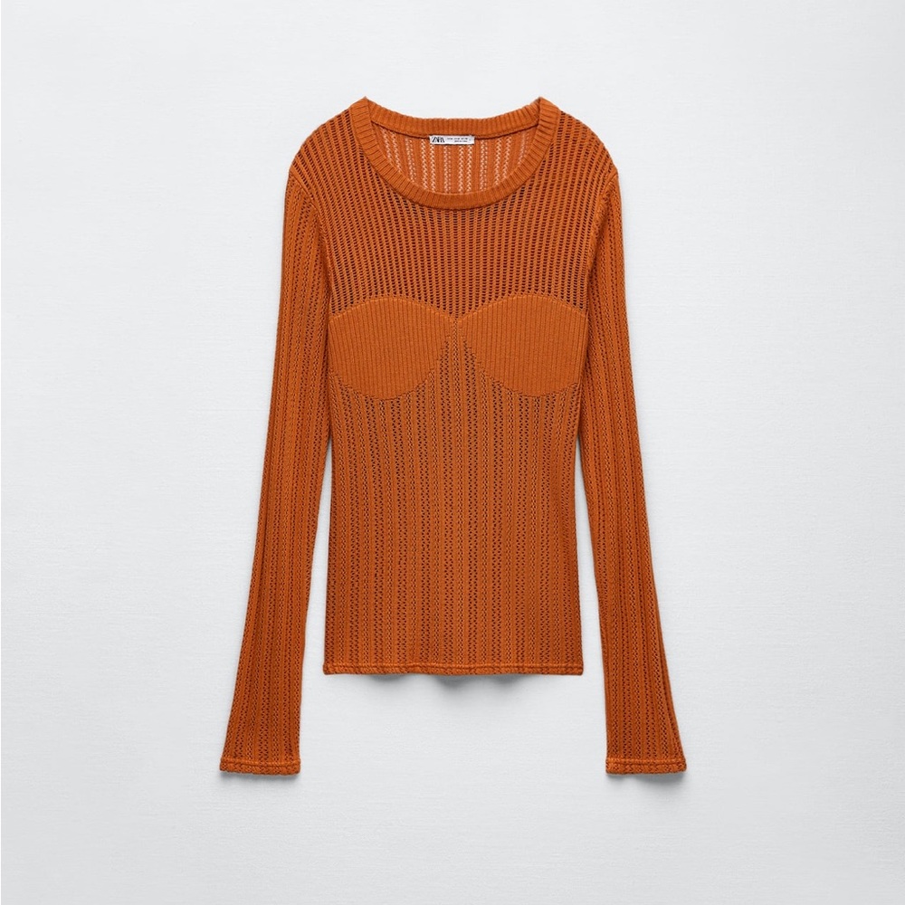 NWOT Zara Crocheted Knit Sweater in Burnt Orange Sz. S